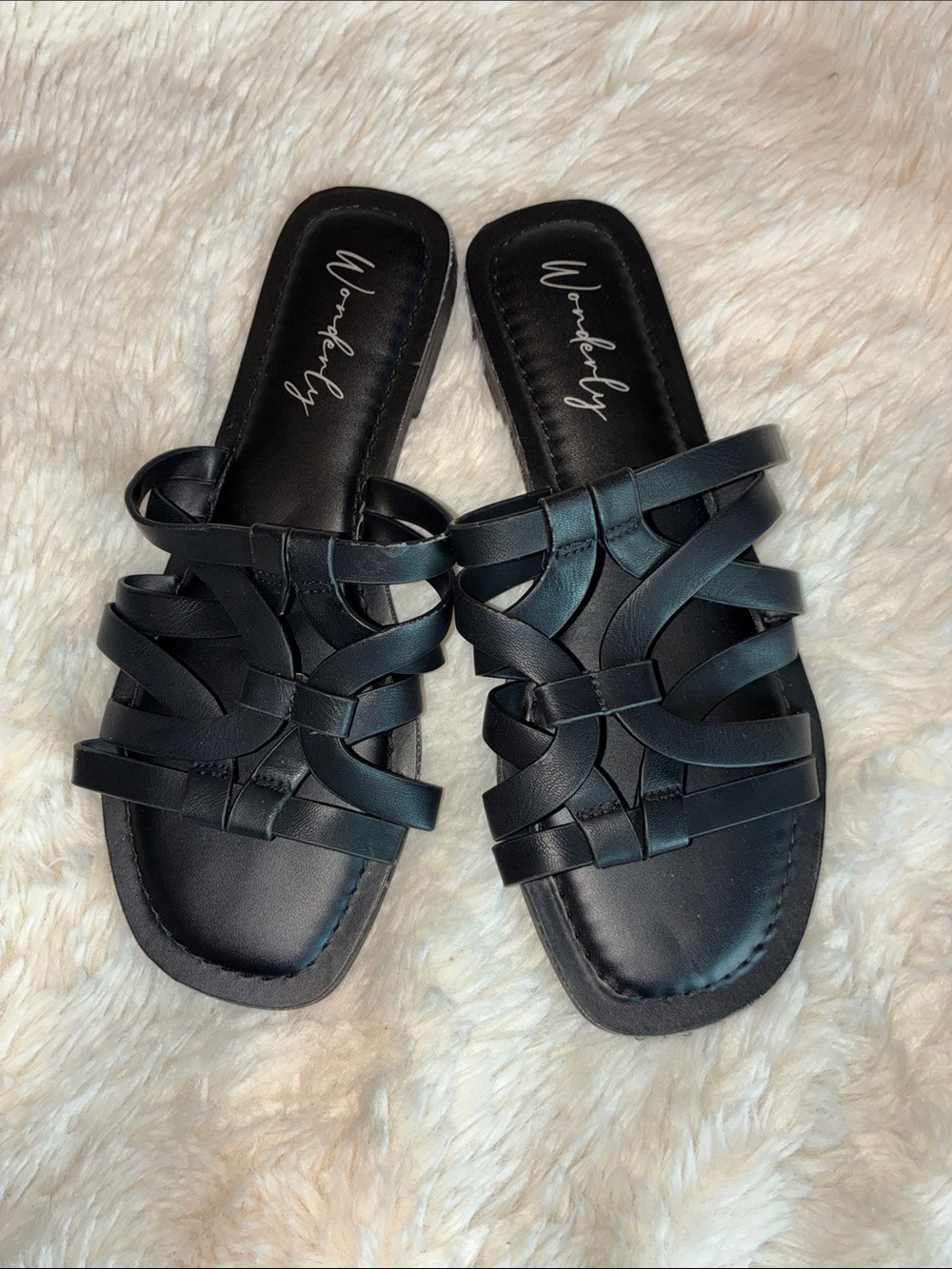Wonderly Black Woven-Strap Slide Sandals
